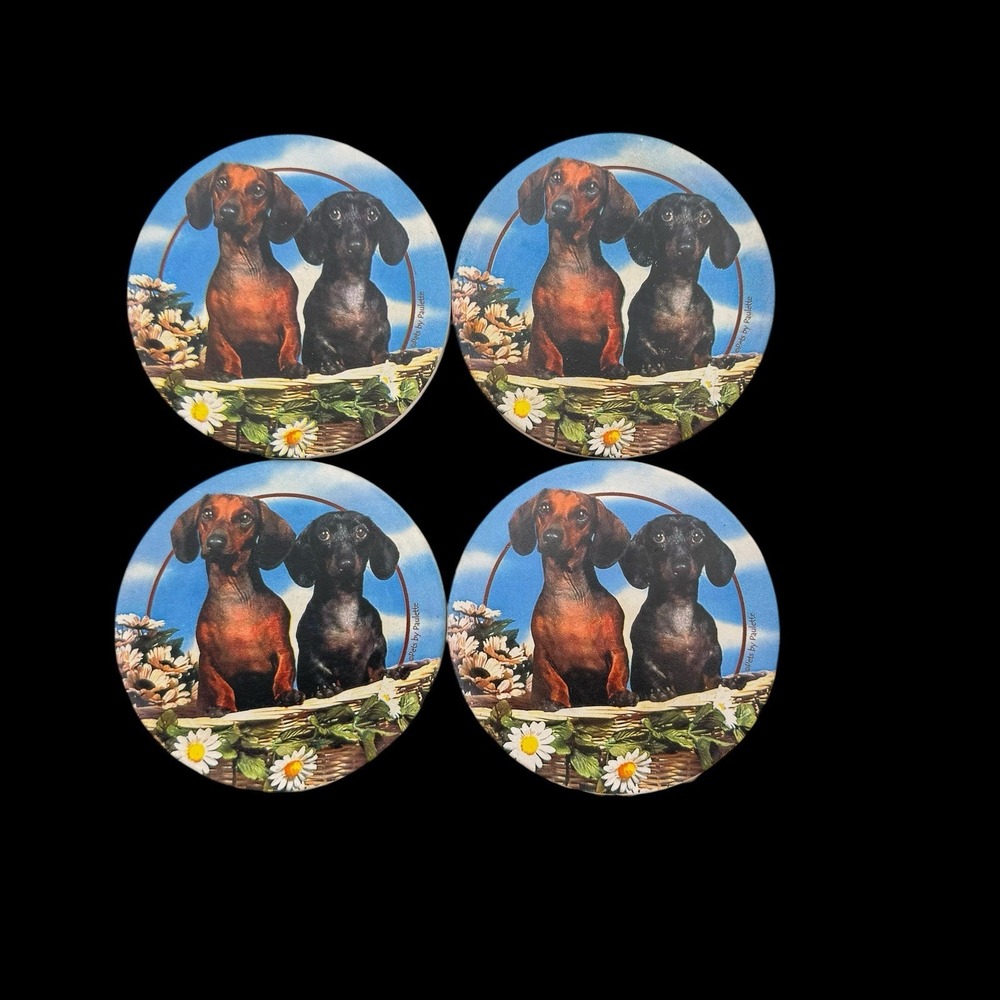 4 Dachshund Dog Brown Black Puppy Stone Art Coasters Pets by Paulette 4" EUC‎